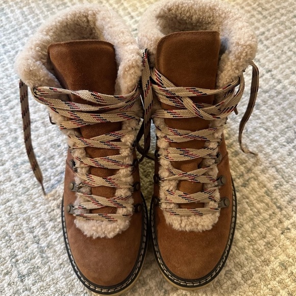 See by Chloe Eilieen Shearling Trimmed suede and leather ankle boots in Tan. - Picture 4 of 5
